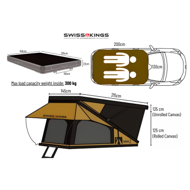 Tenda da tetto in alluminio Taiga Serie Z con tetto sollevabile – 145 x 215 cm