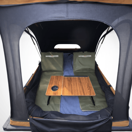 Tente de toit 2 places coque rigide ultra fine – Swisskings Taiga 13cm avec terrasse, vue à 180°