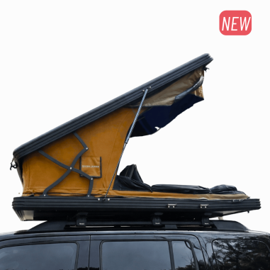 Tente de toit 2 places coque rigide ultra fine – Swisskings Taiga 13cm avec terrasse, vue à 180°